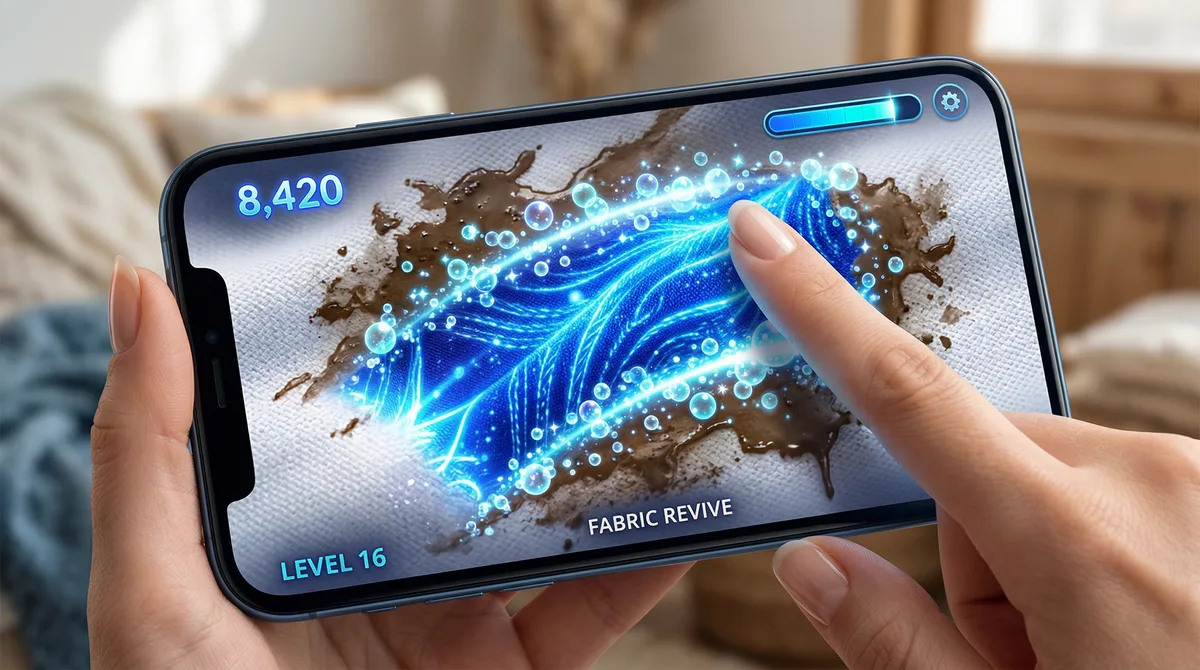 Colourful mobile game showing a stained shirt being scrubbed clean, Swipe to Wipe Surf Excel branded game case study